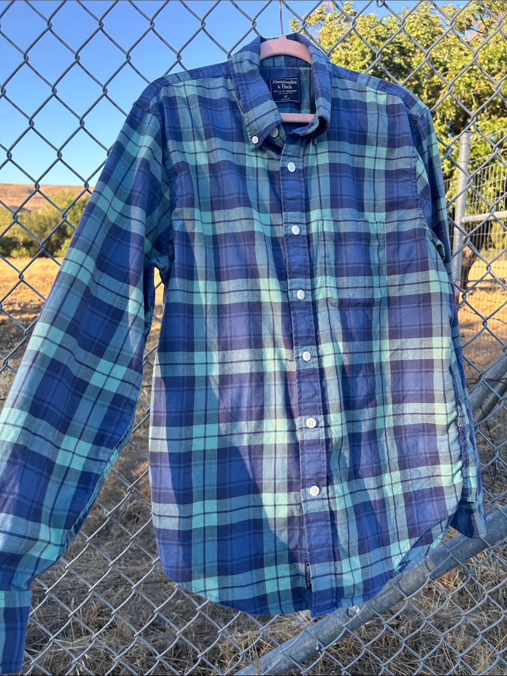 Abercrombie & Fitch Navy and Mint Green Plaid Button-Down Shirt